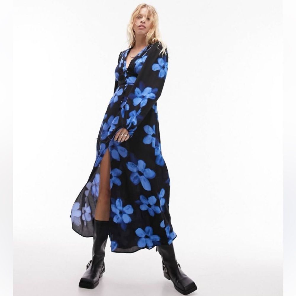 TOPSHOP Blue Floral Maxi Button Front Puff Long Sleeve V Neck Dress SIZE 14 New